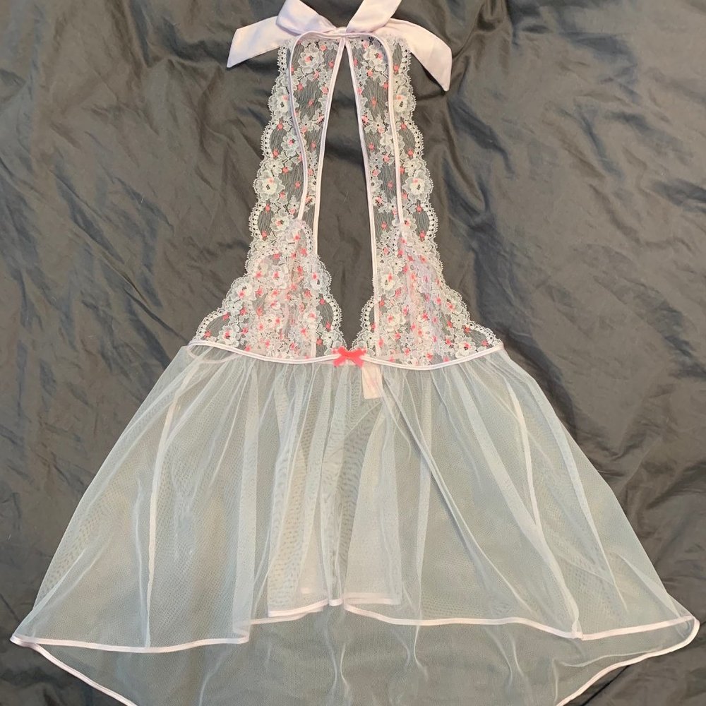Victoria's Secret White and Pink Lace Chemise with thong set